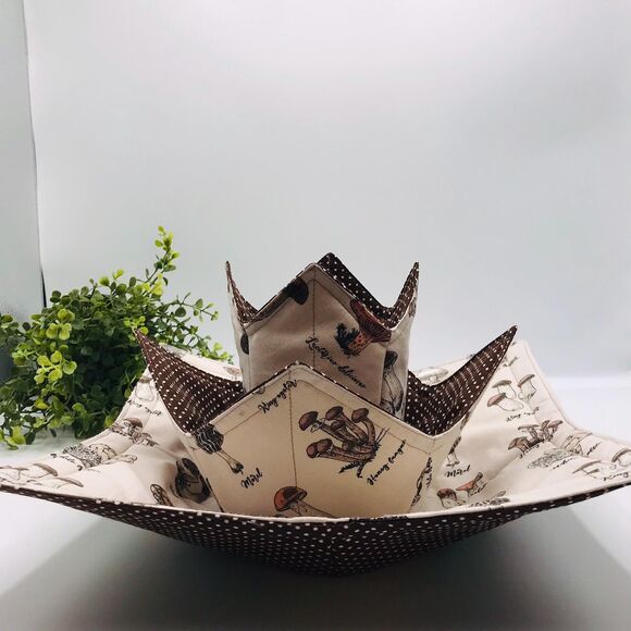 3 Piece Set of Microwave Cozies, Reversible Neutral Mushrooms, Plate, Bowl, Pint - Picture 7 of 9